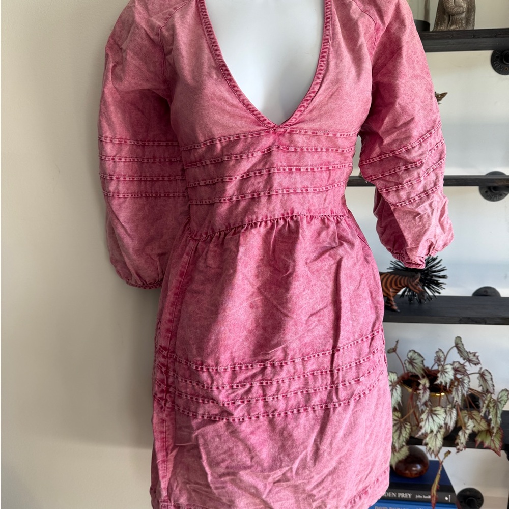 Free People Pink Ruched Babydoll Dress with Plunge Neckline